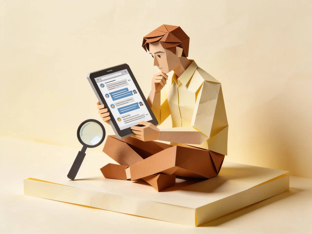 Person sitting cross-legged reading forum posts on a tablet before playing